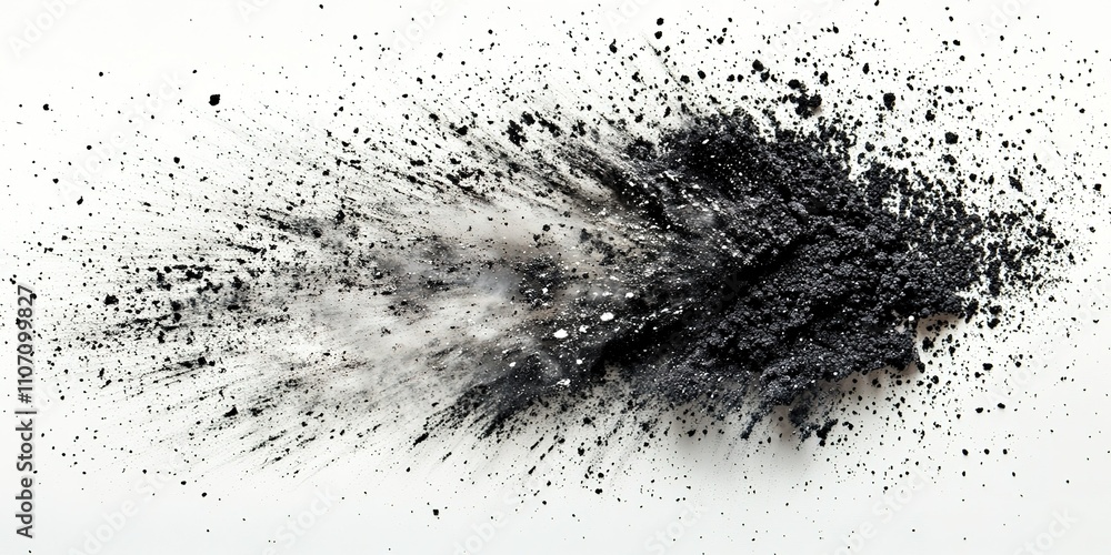Poster dark powder explosion creates dynamic abstract pattern on white background