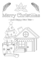 Obraz premium Festive black and white coloring page featuring a gingerbread house, Christmas tree, decorative mug, and holiday details.