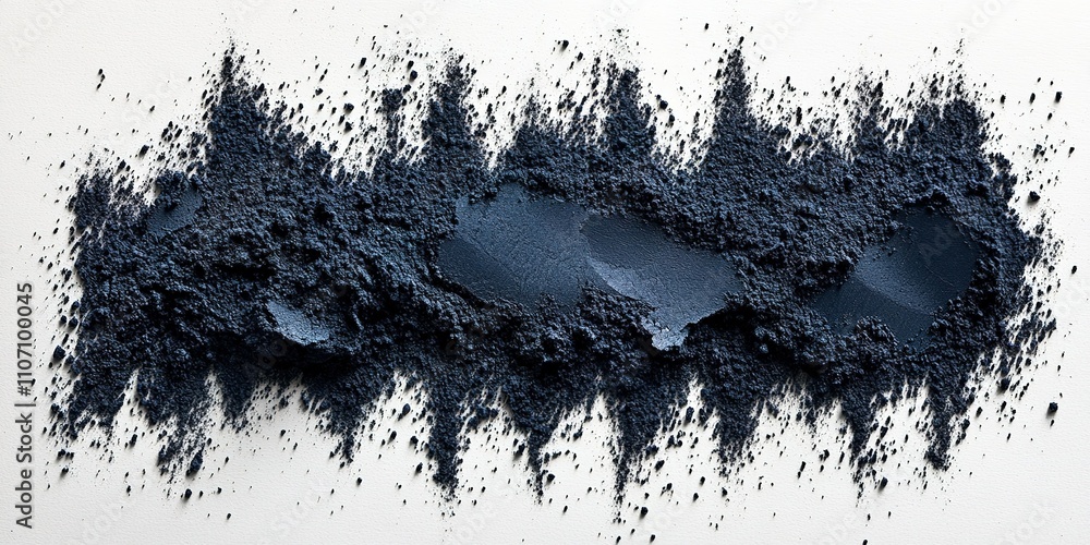 Poster textured black powder scattered across a white surface showcasing artistic patterns and contrasts in