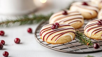 Cranberry orange cookies with a generous drizzle of white chocolate, styled with sprigs of pine, for a holiday-inspired treat