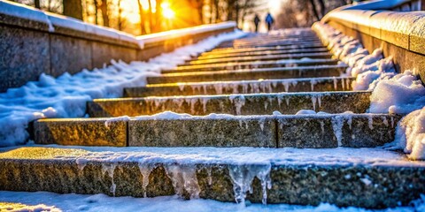Slippery Granite Staircase Covered in Ice: Winter's Hidden Dangers of Movement on Freezing, Snow-Covered Steps in a Chilling Landscape