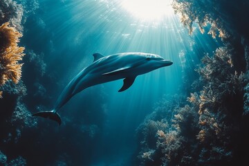 Fototapeta premium Majestic Dolphin in the Ocean: Underwater Sunlight and Coral Reef