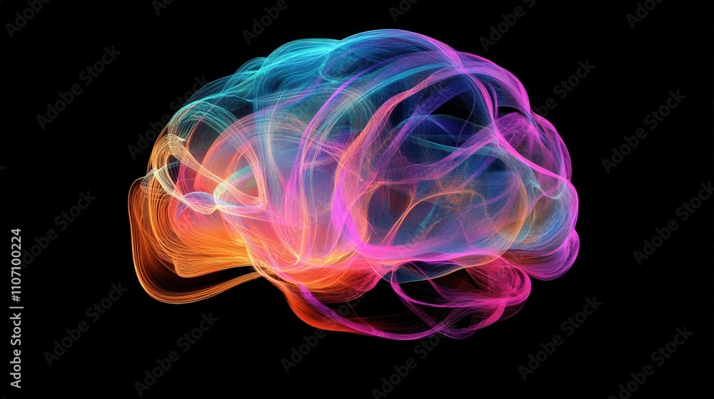 Poster a 3d image of a brain with colorful, swirling lines around it to represent thought processes and the