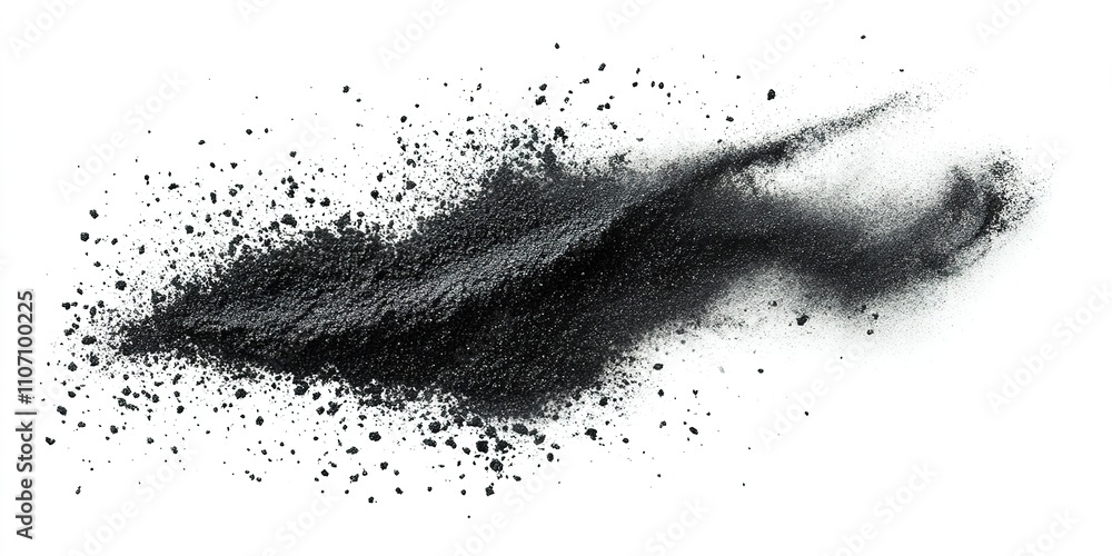Poster fine black powder spreads across a white surface creating an artistic pattern and showcasing its tex