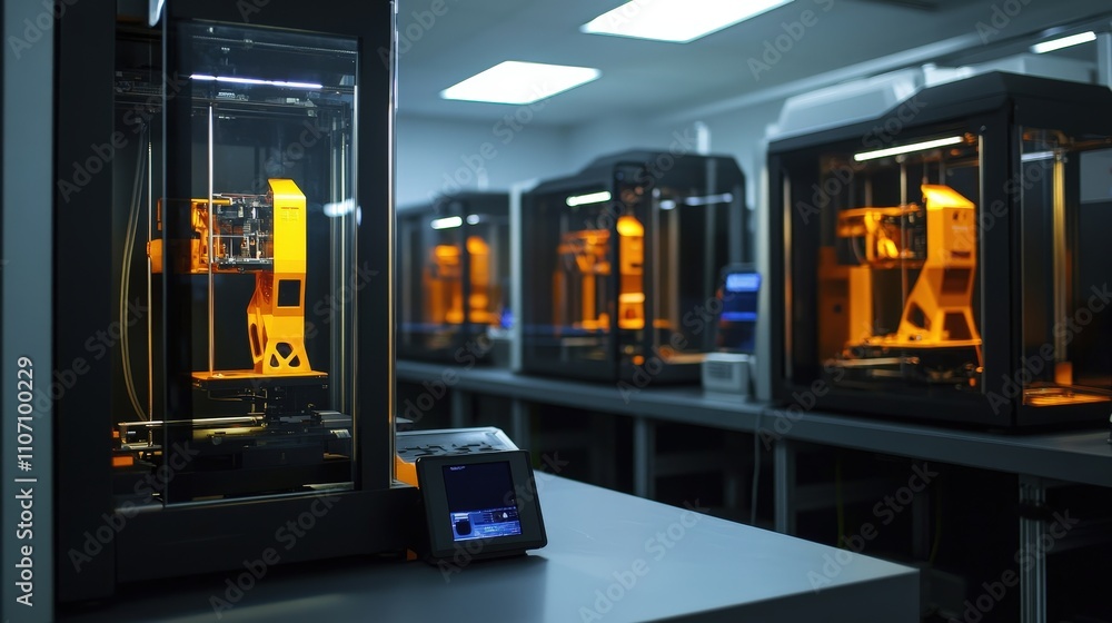Poster a 3d printing industry lab where large printers are producing components for engineering and medical