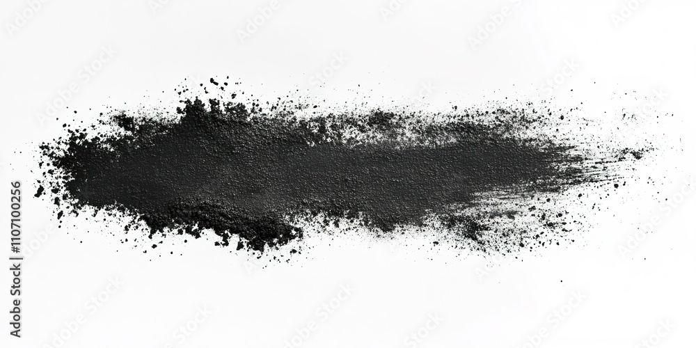 Poster black powder spread across a white surface showcasing texture and depth in a minimalistic style