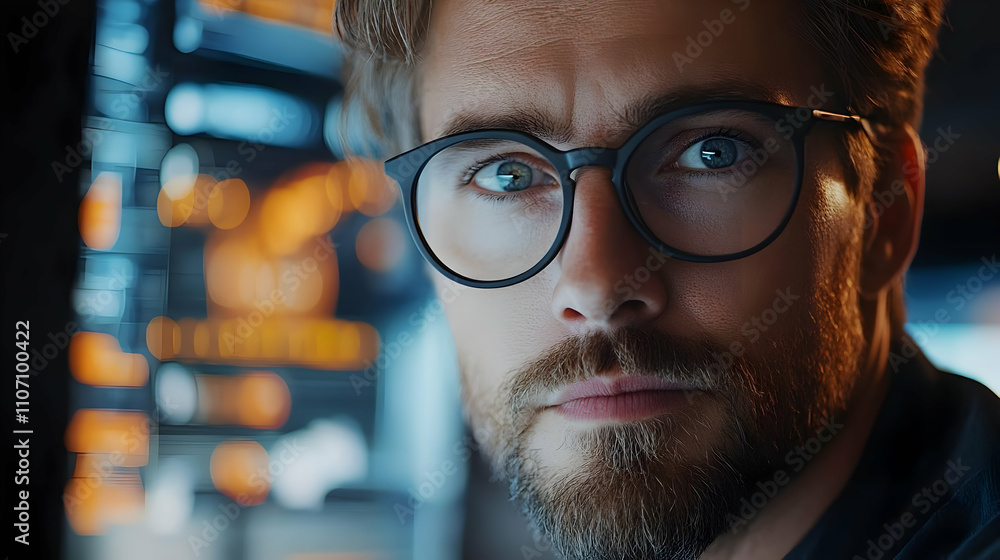 Poster A close-up of a man with glasses, focused on a digital interface in a modern setting.
