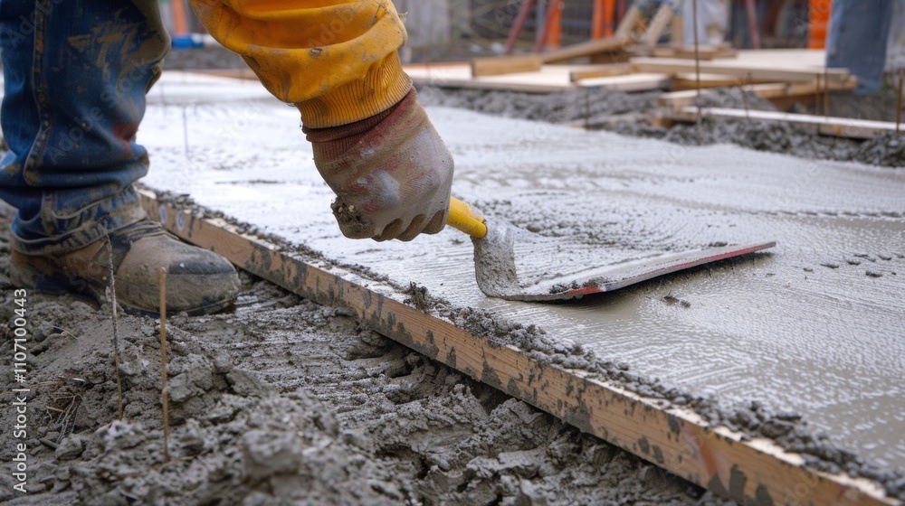 Poster a worker carefully levels the concrete with a trowel ensuring a smooth and even surface.