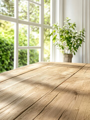 白い窓と木のテーブルのある背景画像。Generative AI