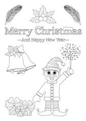 Christmas-themed coloring page featuring an elf with a sparkler, decorative bells, holly leaves, and gift boxes.
