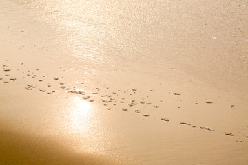 Sun reflected in wet sand near the ocean in the morning
