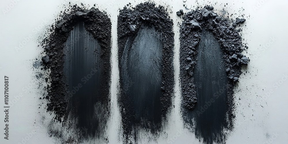 Aufkleber black powder textures arranged in three distinct patterns on a light surface
