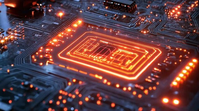A Close-Up View of a Lit-Up Circuit Board with a Red Square in the Center