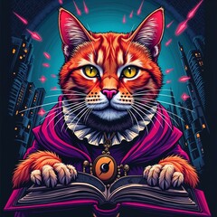 Majestic cat in royal attire reading a book with a magical cityscape background