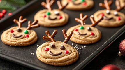 Creative Christmas baking idea, reindeer cookies with peanut butter dough, pretzel antlers, chocolate chips for eyes, on a baking tray with holiday sprinkles