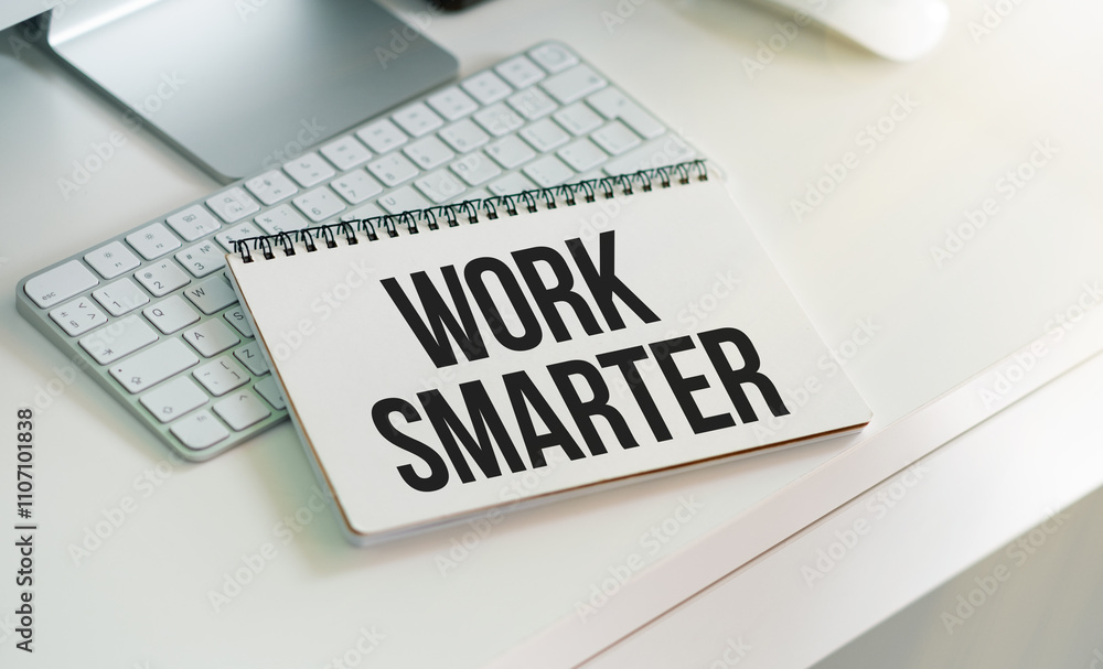 Poster work smarter text on a paper with magnifier, coffee and keyboard on a white background
