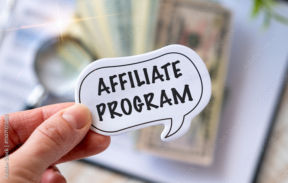 Poster affiliate program text written on a notebook on the office background