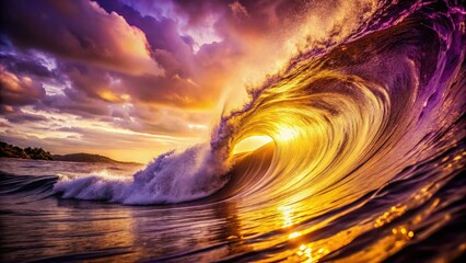 Vintage Purple Gold Wave Photography, Retro Ocean Art, Golden Hour Seascape, Yellow Sunset, Abstract Wave Image