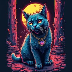 Whimsical cat with blue fur and enchanting background featuring a glowing moon and pillars

