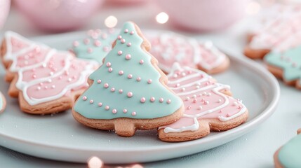 Creative close-up of Christmas cookies shaped like trees, decorated with intricate icing patterns and playful sprinkles, festive baking, holiday treats for kids