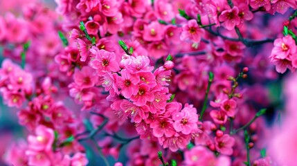Fototapeta premium Fresh Close-Up of Plum Blossoms - A Delicate and Vibrant Floral Scene. The intricate details of the blossoms evoke elegance and natural beauty.