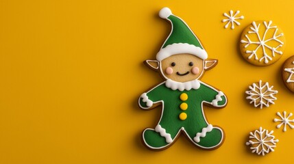 Creative gingerbread elf cookie with detailed green frosting suit and pointy hat, holiday character with joyful expression