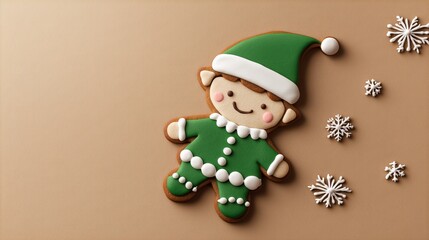 Creative gingerbread elf cookie with detailed green frosting suit and pointy hat, holiday character with joyful expression