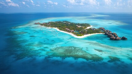 A breathtaking view of a tropical island from above, with white sandy beaches and clear, turquoise waters.