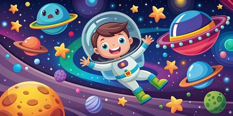 Fototapeta premium Space Adventures: A Colorful Cartoon Illustration of an Astronaut Flying a Spaceship to a Distant Planet Surrounded by Stars and Cosmic Wonders