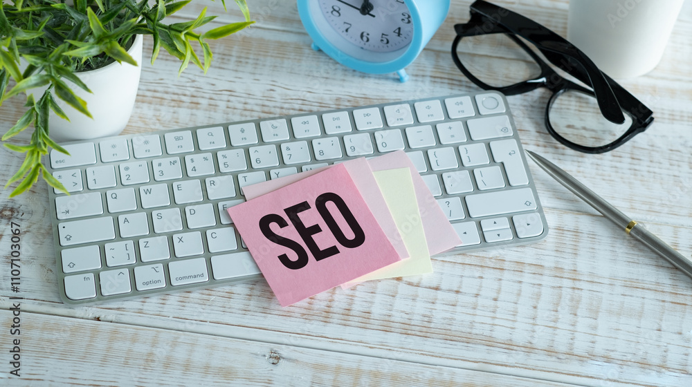 Poster seo-optimization scheme with words over white office desk background with computer keyboard.