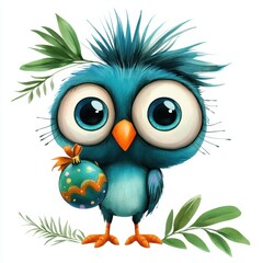 Fototapeta premium Cute Cartoon Owl with Big Eyes Holding a Colorful Ornament Surrounded by Greenery