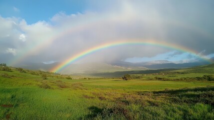 Naklejka premium A bright rainbow over a green field after a rainstorm, representing hope and the inspiration to embrace change