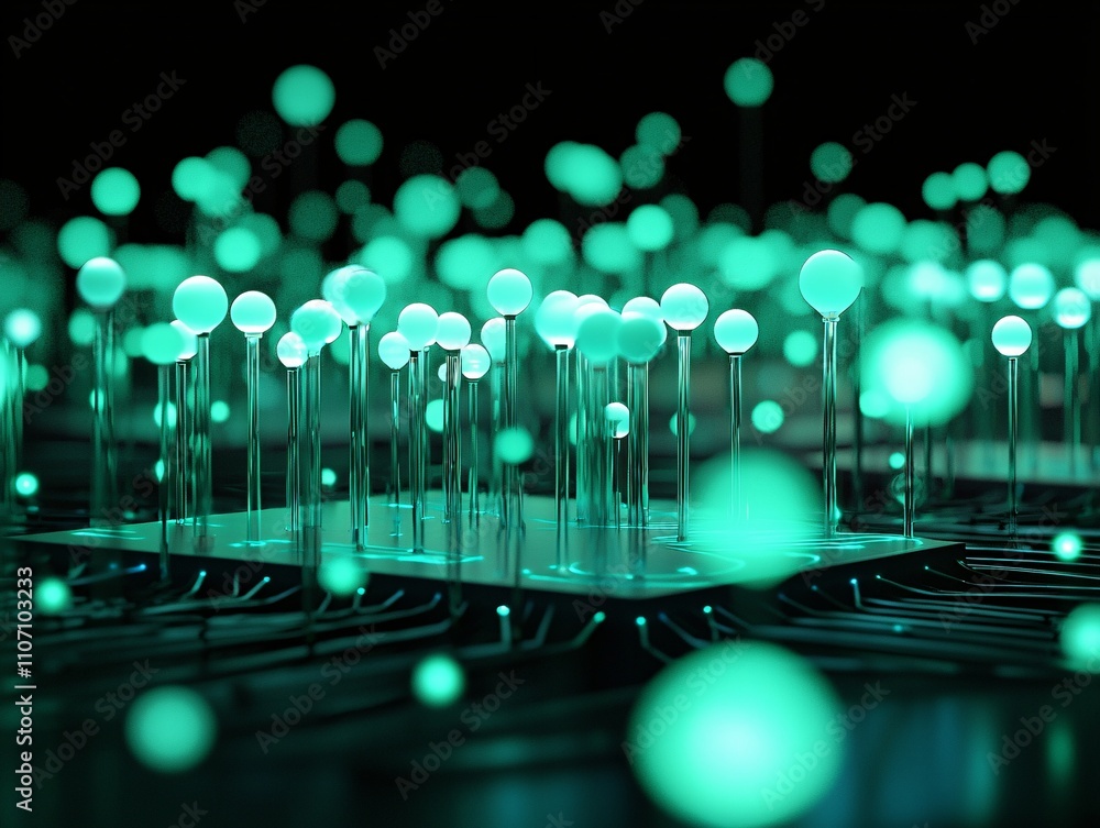 Poster a close-up of fiber optics transmitting data with high efficiency through a glowing network