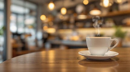 Fototapeta premium Blurry coffee shop interior with soft lighting, warm tones, and an abstract ambiance, focusing on subtle details and a shallow depth of field