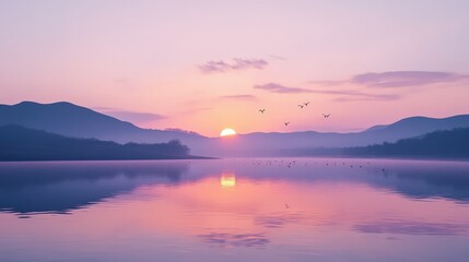 Fototapeta premium A calm and tranquil river landscape with the sun setting behind distant hills.