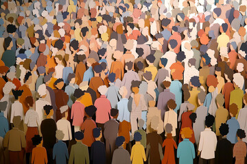 Large crowd of diverse people in paper cut-out style. Layered abstract art, figures in various vibrant colors with distinct silhouettes. Inclusive, textured, playful, dynamic background