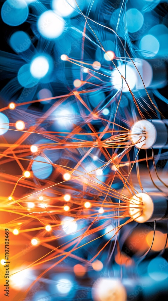Poster a vibrant network diagram featuring fiber optics and nodes for efficient data transmission