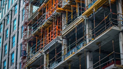 The exterior of the building is being strengthened with the addition of a new concrete shear wall fortifying its ability to withstand lateral movements caused by seismic shaking.