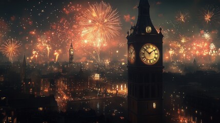 A city skyline illuminated with fireworks as the clock strikes midnight, ringing in the New Year with vibrant energy and excitement.