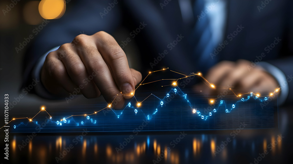 Poster A hand interacts with a glowing data graph, symbolizing analysis and financial insights.