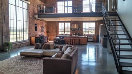 Modern and spacious industrial-style living room interior.