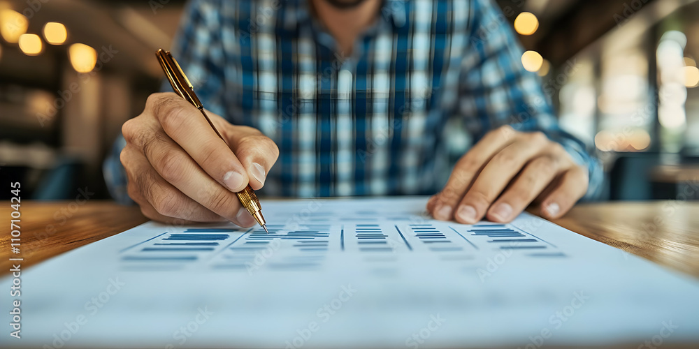 Poster A person analyzing data on paper with a pen in a modern workspace.