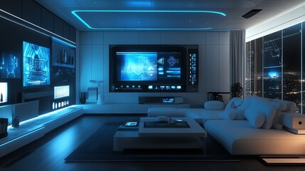 Modern living room with futuristic design and vibrant lighting.