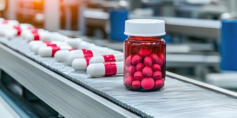 A bottle of red and white capsules sits on a conveyor belt, surrounded by more capsules, illustrating a pharmaceutical production process.