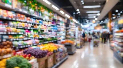 Obraz premium Blurry view of a bustling supermarket aisle in a modern shopping mall, vibrant shelves with products, hyperrealistic 4K photo