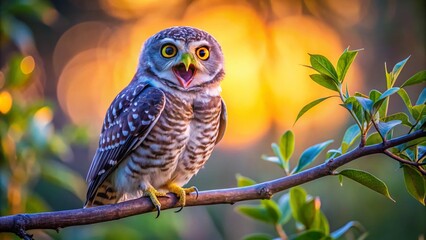 Obraz premium Spotted Owlet Yawning on a Tree Branch in Low Light: Captivating Nighttime Wildlife Photography of Athene Brama in Natural Habitat with Soft Background and Subtle Details