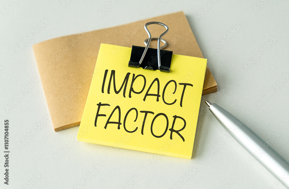 Poster impact factor text on paper clipboard with chart and sticky paper on white background
