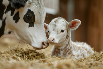 Obraz premium Mother cow tenderly nuzzles her newborn calf in a barn.