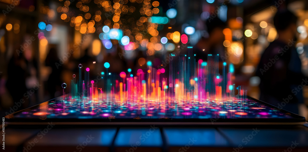 Fototapete A vibrant digital visualization of data displayed on a tablet amidst a blurred background.