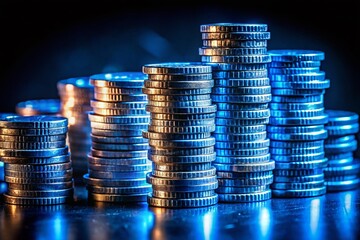 Stack of Euro Coins Illuminated by Blue Light in Dark Environment with Copy Space for Text, Perfect for Financial Concepts and Urban Exploration Themes